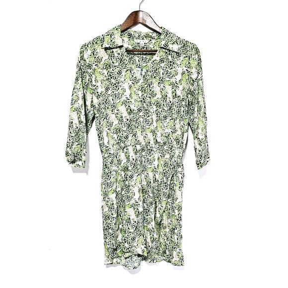 CAbi Green/ White Leaf Print Tropical Faux Wrap Dress V-Neck Long Sleeve Size XS - Picture 2 of 7